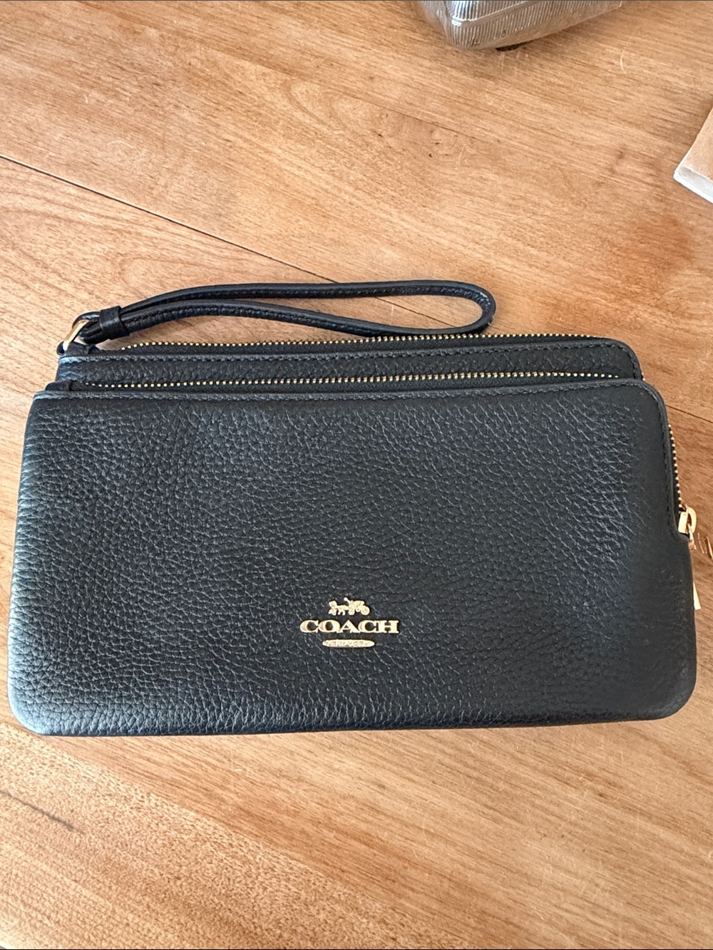 Coach Black Pebbled Leather Wristlet with Gold Logo